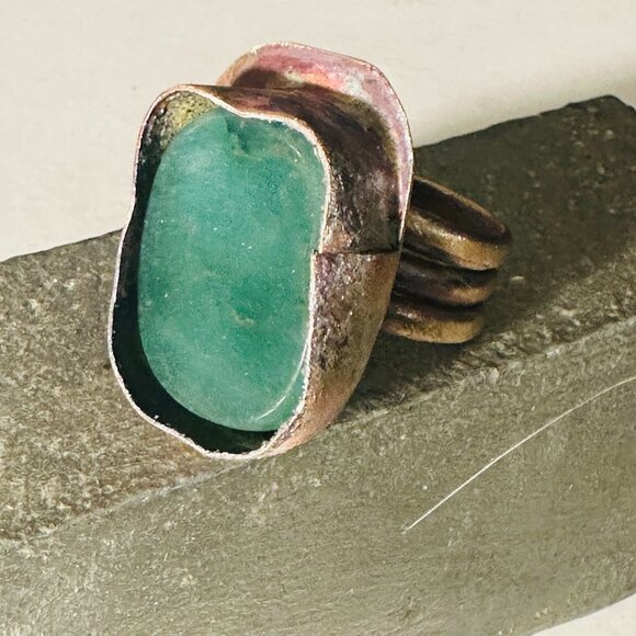 Genuine Jade Brass Copper Ring Size 8.5 Handmade Brutalist OOAK Artisan Rustic - Picture 5 of 10